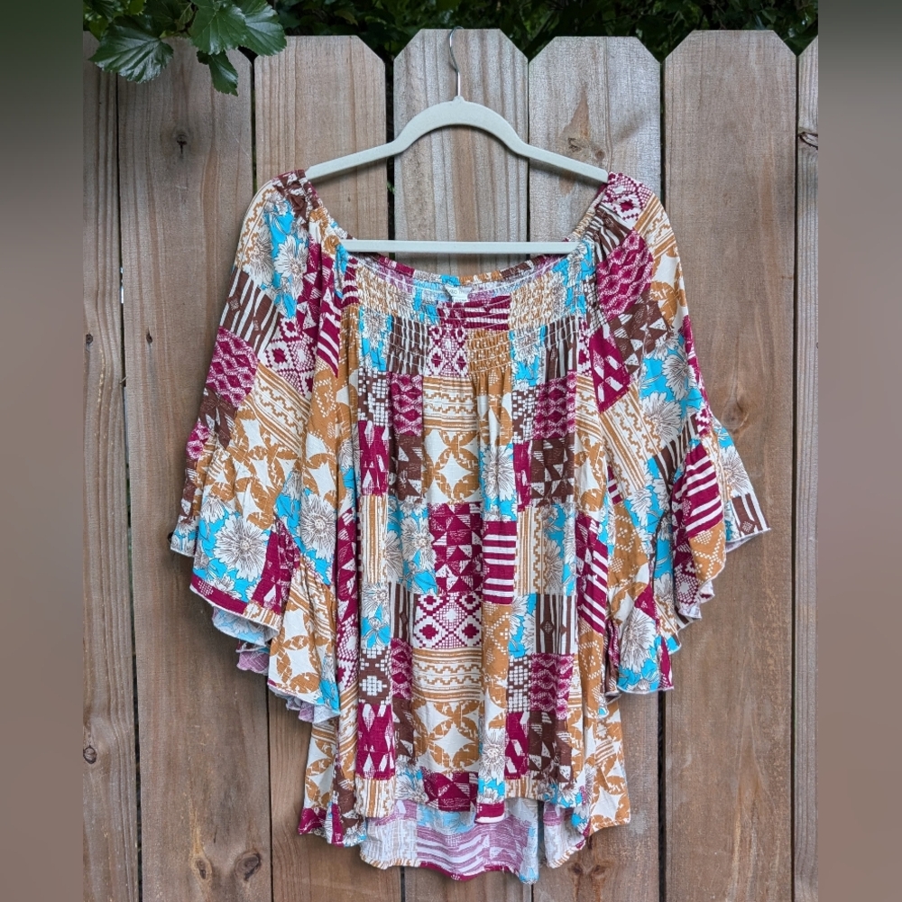 Cato Plus Size Patchwork Patterned Multicolor Bell Sleeve Blouse